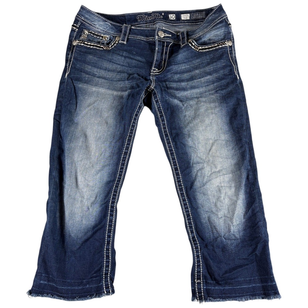 Miss Me Signature Capri‎ Jeans Dark Washed Thick Stitch Western Blue Size 30